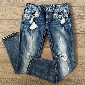 Miss Me Rhinestone Pocket Distressed Signature Ankle Skinny Jeans